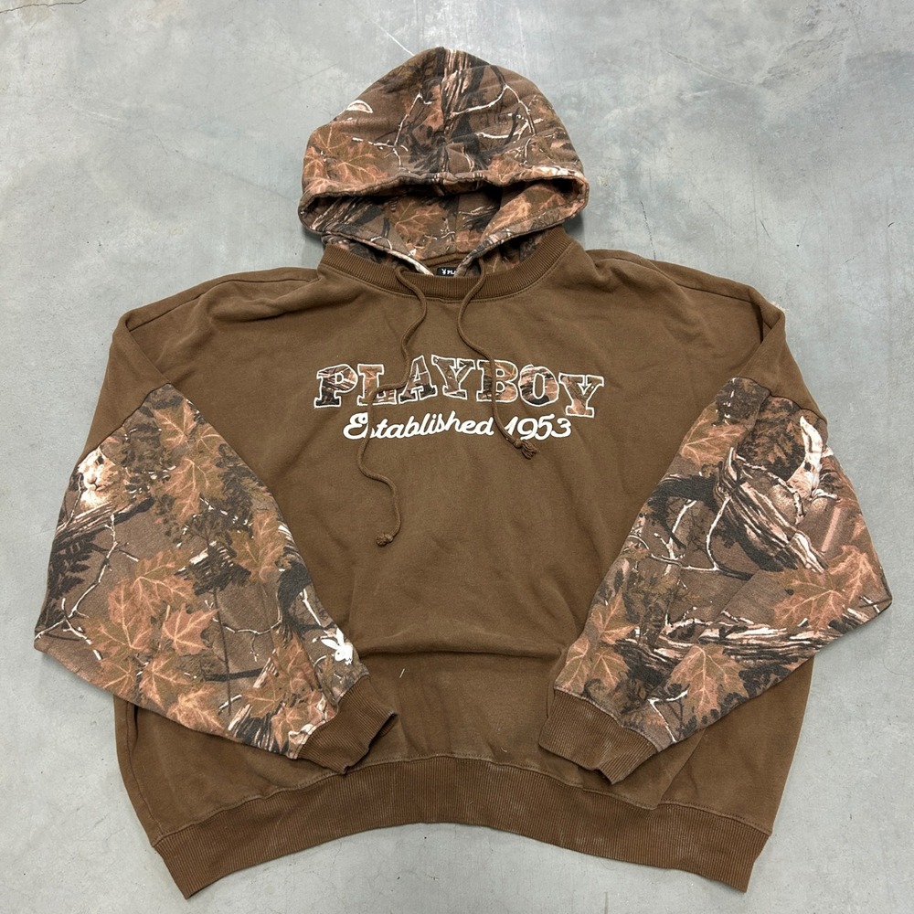 Playboy by PacSun Mens Brown Camo Leaf Print Hoodie Sweatshirt Large J182
